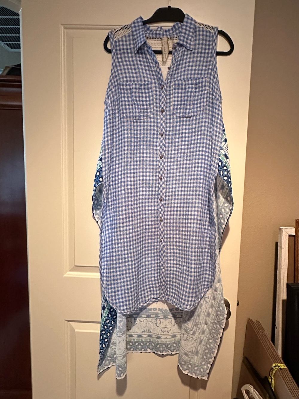 Arafat Silent Journey Sleeveless Blue Gingham High-Low Duster
